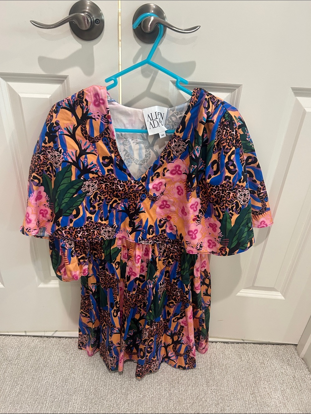 ALYN ADRI Tropical Leopard Print Mini Dress in Pink & Blue